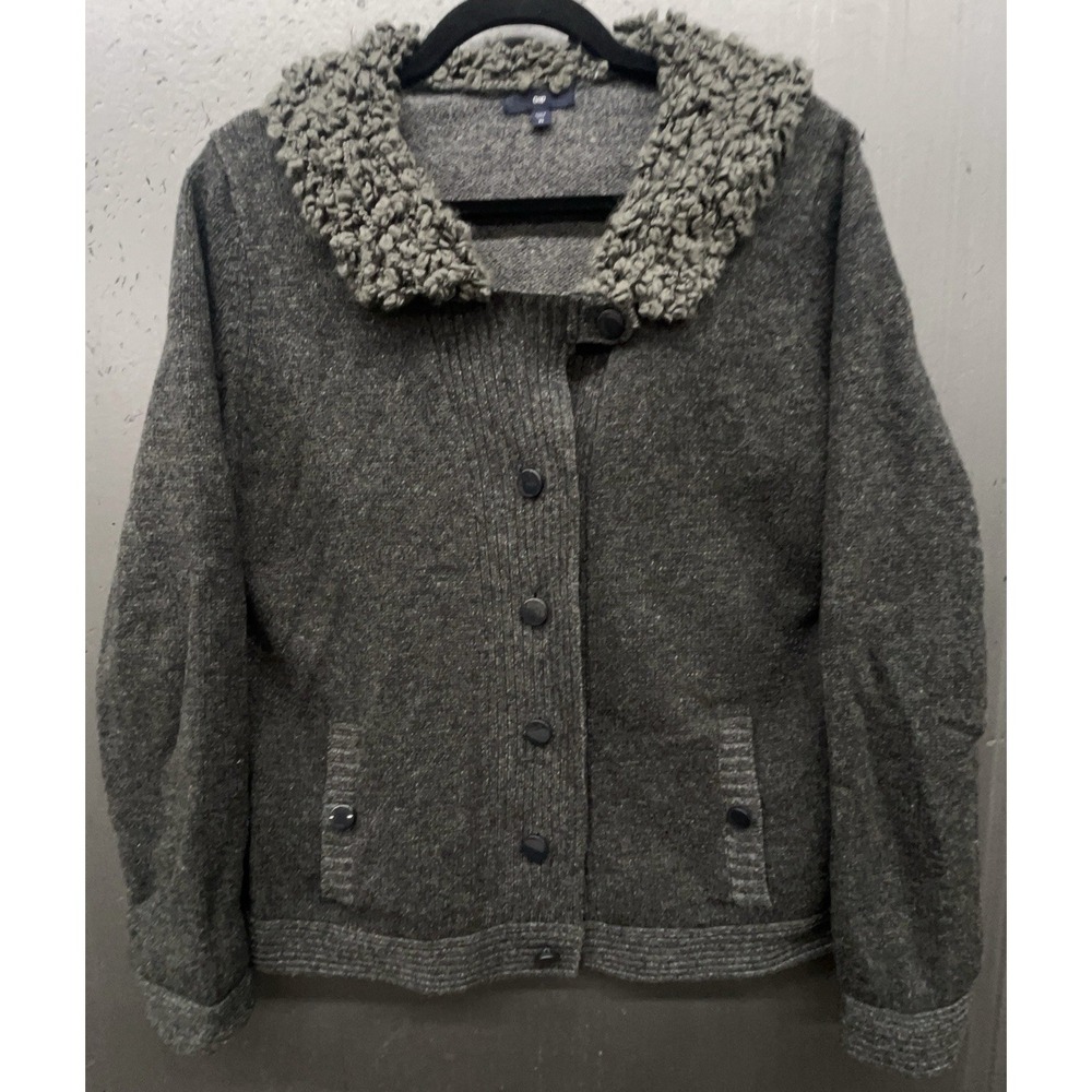 Gap Wool Cardigan Sweater Women XL Gray Sherpa Collar Pockets Preppy Academia